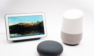 Google - Google Assistance - Smart home devices and speakers on white background