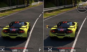 To bilder i ett som viser et bilspill på en skjem med og uten AMD FreeSynch Premium Pro