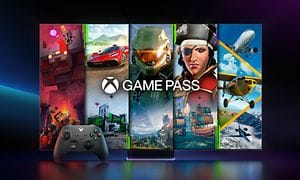 X-box-konsoll og en Samsung Gaming TV som viser forskjellige spill i ett bilde og teksten GamePass
