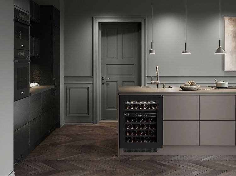 A wine cooler integrated into a grey colored Epoq kitchen