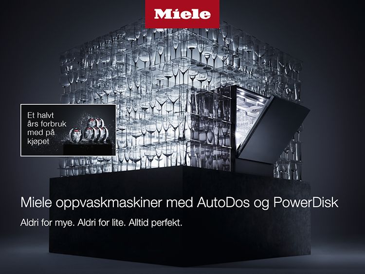 Miele oppvaskmaskin med vinglass rundt og teksten Miele oppvaskmaskiner med AutoDos og Powerdisk