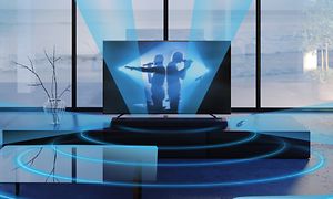 Sony - Høyttalere- Sound Field Optimization illustert som blå lydbølgers rundt en TV