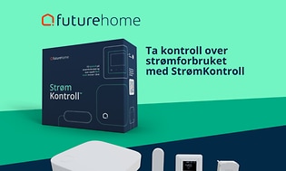 Futurehome strømstyringssystem på grønn bakgrunn og teksten Ta kontroll over strømforbruket med StrømKontroll