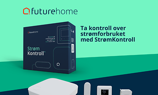 Futurehome strømstyringssystem på grønn bakgrunn og teksten Ta kontroll over strømforbruket med StrømKontroll