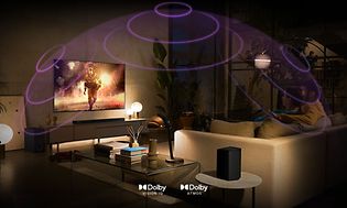 En stue med rosa lydbølger som illustrerer Dolby Vision IQ og Dolby Atmos i LG OLED TV