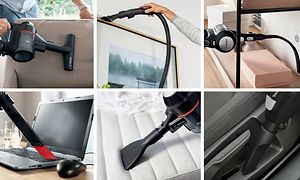 Bosch - Støvsugere - Collage av Bosch-støvsugere utstyrt med forskjellig tilbehør og på forskjellige steder