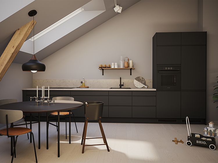 Sort Epoq-kjøkken med benkeplate i beige