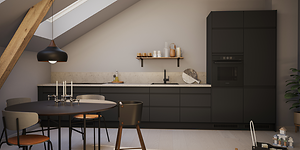 Sort Epoq-kjøkken med benkeplate i beige