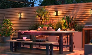 Outdoor dining area with lights