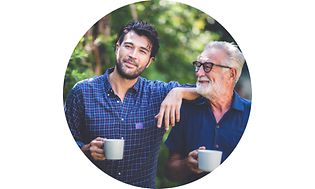 Round image of men drinking coffee