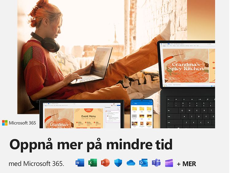 En kvinne sitter med sin Microsoft laptop og teksten Oppnå mer på kortere tid med Microsoft 365 