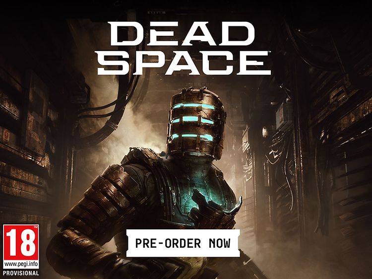 Dead Space og Person fra spillet i uniform og lysende maske på en grå og tåkete bakgrunn