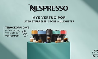 Nespresso Vertuo Pop i oransje, blå, svart, grønn og rød og forskjellige kaffedrikker