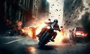 Et spennende motorsykkelkappløp i en by med eksploderende biler i bakgrunnen