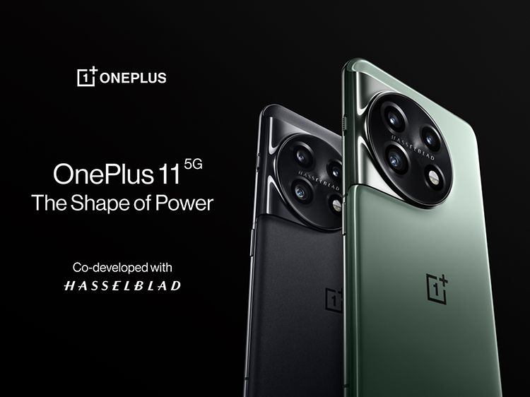 OnePlus 11 5G smarttelefon i sort og grønn og Hasselbladlogo