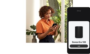 Kvinne som installerer Sonos Era 100 med en smarttelefon