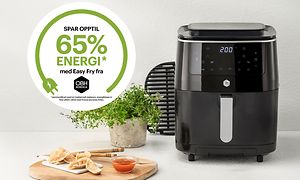 OBH Nordica EasyFry airfryer og teksten spar 65 % energi med EasyFry 