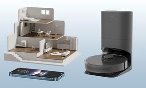 Dreame DreameBot D10s Plus, en prototype av et hjem med tre etasjer og en telefon med Dreame Home-appen