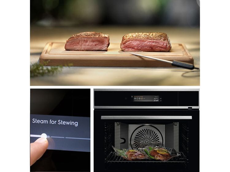 Tre bilder i ett som viser Electrolux 900 SteamPro ovn med Steamify som steker kjøtt til perfektsjon