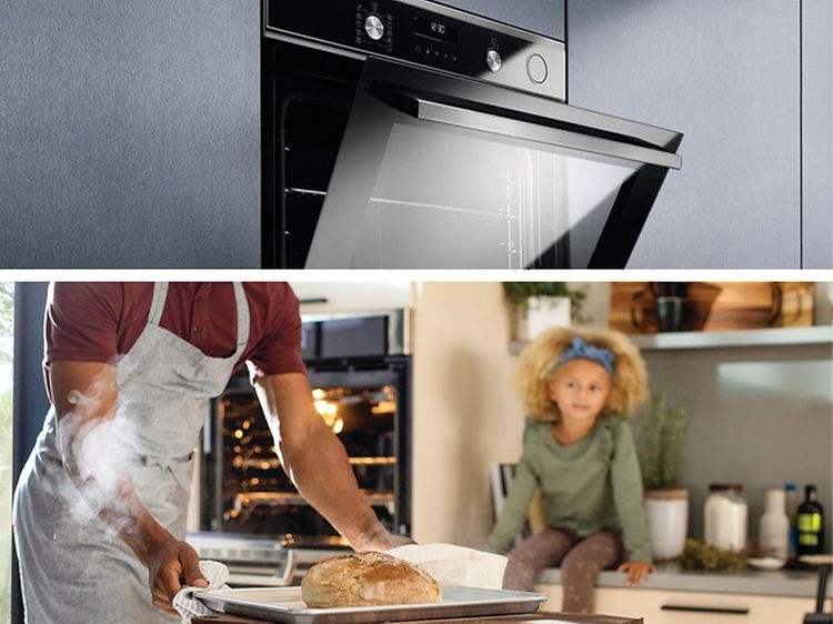 Collage med 700 SteamCrisp® Ovn og mann og et barn på kjøkkenet baker brød