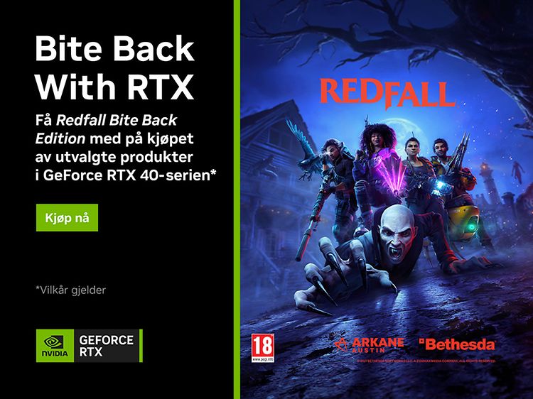 Redfall pakketilbud med teksten få Redfall Bite back Edition med på kjøpet av utvalgte produkter i GeForce RTX-serien