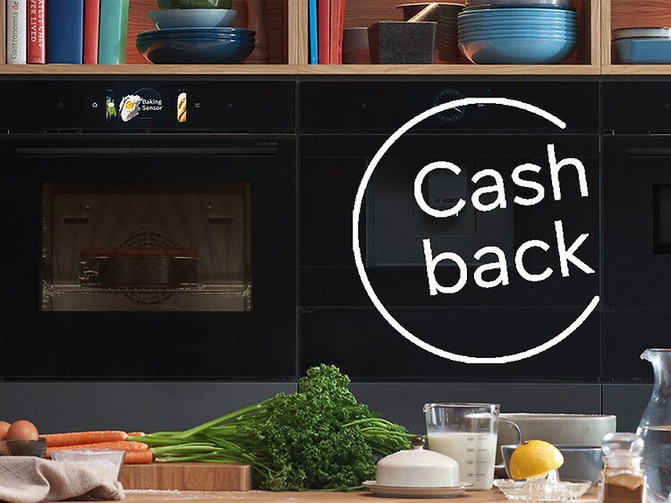 Bosch integrerte stekeovn med bakesensor og et cashback-ikon