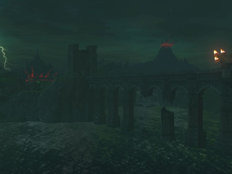 Skjermdump fra spillet The Legend of Zelda: Tears of the Kingdom av et lynnedslag i et mørkt og skummelt landskap