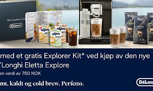 DeLonghi Eletta Explore-kit og teksten Få med et gratis Explorer Kit ved kjøp av den nye De'Longhi Eletta Explore