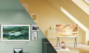 Samsung Lifestyle TV med skjermbakgrunner som går i ett med innredningen i to forskjellige hjem