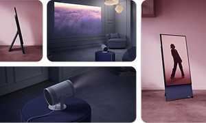 Samsung Lifestyle TV bildecollage med The Freestyle smart projektor og The Sero i forskjellige vinkler