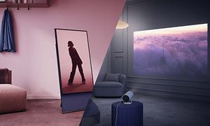 Samsung The Sero i et rosa rom og laserprojektoren The Premiere i et mørkt hvitt rom