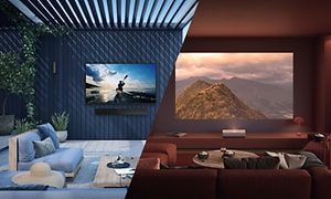 Samsung the Terrace på en blå terasse og The Premiere projektor som viser film i en rød stue