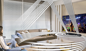 Illustrasjon av Samsungs trådløse Dolby Atmos lyd som kommer fra en TV i en stue