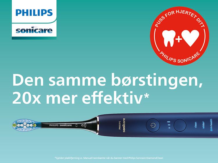 Philips Sonicare elektrisk tannbørste med teksten Den samme børstingen, 20x mer effektiv