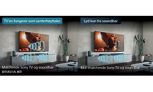 matchende Sony Bravia XR-TV og soundbar der TV-en fungerer som en senterhøyttaler og TV med ikke matchende lydplanke