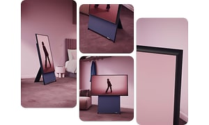 Bildecollage av Samsung The Sero Lifestyle TV i vertikale og horisontale posisjoner