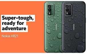 Grønn og sort Nokia XR21 som ser våte ut og teksten Super-tough, ready for adventure