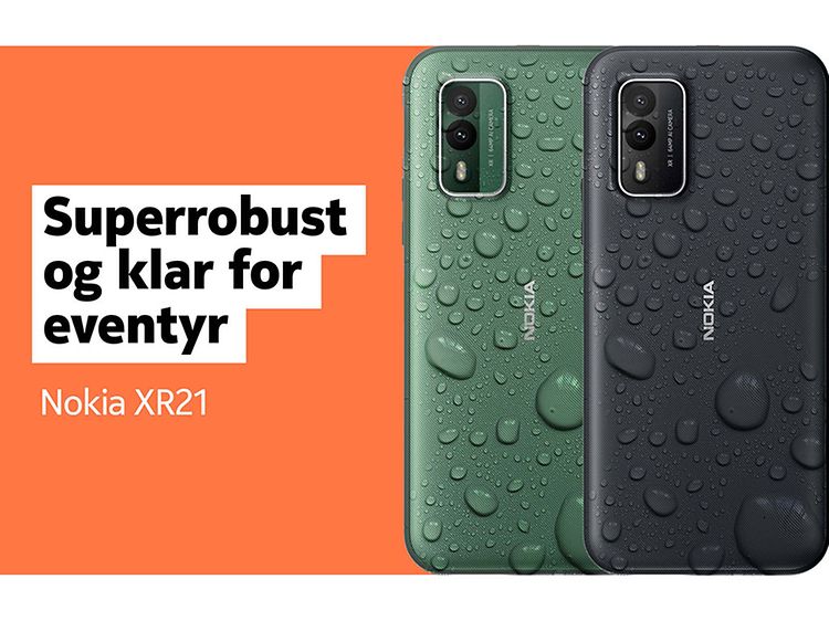 Grønn og sort Nokia XR21 som ser våte ut og teksten Superrobust og klar for eventyr