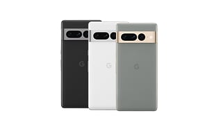 Bundle product image of three Google Pixel Pro 7 in black white and limegreen