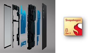 Illustrasjon av varmespredningssystemet til Sony Xperia 1 og Snapdragon® 8 Gen 2-logotype