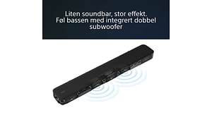 Sony HT-S2000 lydplanke og teksten Liten soundbar, stor effekt. Føl bassen med integrert dobbel subwoofer