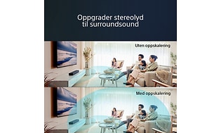 Et par som ser på TV med Sony HT-S2000 lydplanke og teksten Oppgrader stereolyd til Sourroundsound
