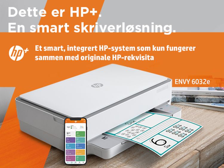 HP Envy 6032e toppbilde med tekst på norsk og logo printer og app