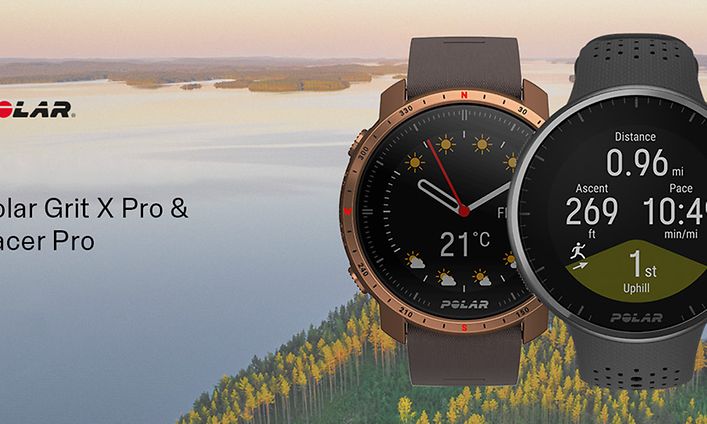 Smartklokkene Polar Pacer Pro og Polar Grit X Pro sport ved siden av hverandre og innsjø i bakgrunnen