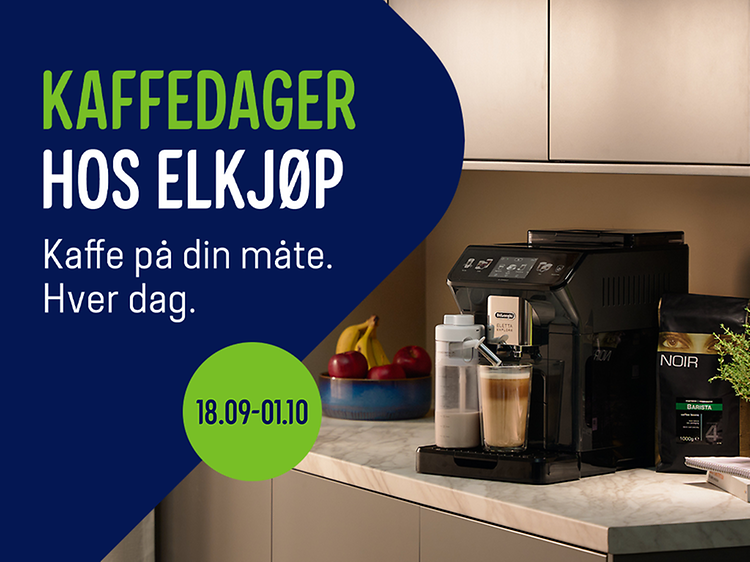 Kaffemaskin på kjøkken og teksten Kaffedager hos Elkjøp, Kaffe på din måte. Hver dag.