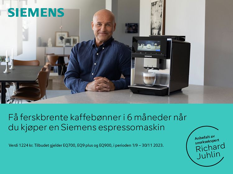 Siemens EQ-espressomaskin og teksten Få ferskbrente kaffebønner i 6 måneder når du kjøper Siemens espressomaskin