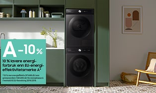 Samsung vaskemaskin og tørketrommel i vaskesøyle og teksten 10 % lavere energiforbruk enn EU-energi-effektivitetsmerket A