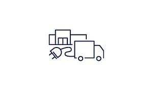 Illustrasjon av en lastebil, butikk og en strømledning