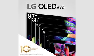 LG OLED TV-skjermer oppå hverandre fra den minste størrelsen på 42 tommer til den største på 97 tommer
