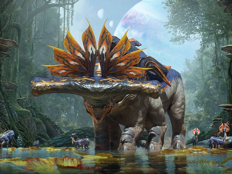 Skjermbilde fra spillet Avatar: Frontiers of Pandora med stor hammerhodeskapning